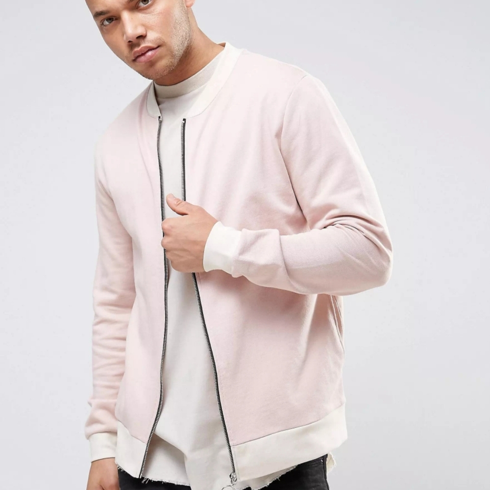 ASOS JERSEY BOMBER JACKET WITH CONTRAST RIB IN PINK